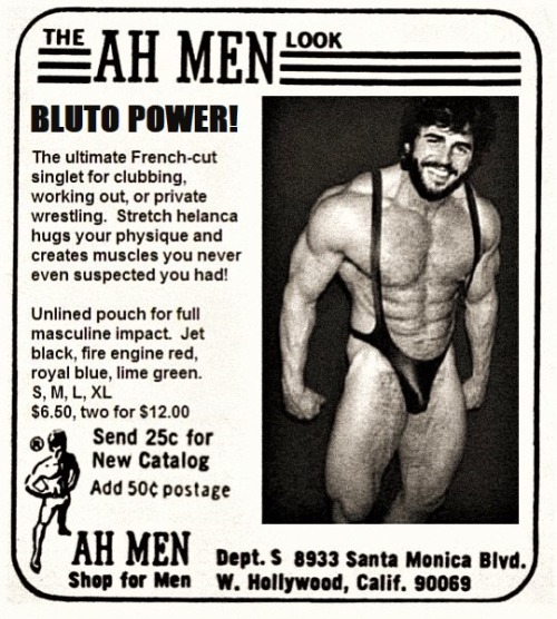 blutoshrine:  Bill Cable models the ‘Bluto Power’ singlet in the back pages of a 1970s Esquire Magazine    POILU MUSCLÉ ET BODY MINI … !