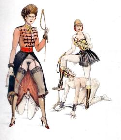 these women look like they’re capable of anything.clever how the artist has the cock and balls of a sub poking up under the lady on the left’s skirt.think it’s that French guy, Montogruel, or whatever