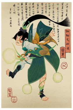tanuki-kimono:  [Part. 3/6] Onmyoji  (阴阳师) mythical   characters, drawn ukiyo-e style by 鬼笙 (find other parts here) Shikigami are supernatural beings in Japanese folklore. Shown here are characters:  Hotarugusa, is an other name given to Issun-boshi,