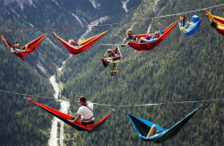 vacilandoelmundo:  Beds are overrated. What better place to wake up than suspended in a hammock thousands of feet in the air above the Italian Alps? And if you think sleeping between mountain peaks is terrifying, try walking on a tightrope between them.