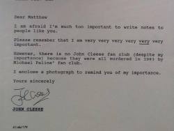 hjeri:   A letter from John Cleese to a 14-year-old fan.  