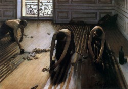asylum-art:   Gustave Caillebotte : The Floor Scrapers, 1875-1876 The workers are all shown with nude torsos and tilted heads, suggesting a conversation. This is one of the first paintings to feature the urban working class. There is a motif of curls