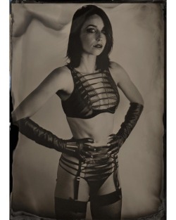 lacunha:  It’s been a minute since I’ve played with the tintype thing. This went rather well.  @gothlet in @agentprovocateur  ——————————————— #tintype #wetplate #strappy #dark #moodygrams  (at Oakland Tin)