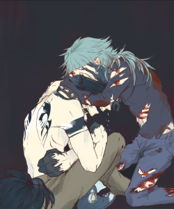 tamagoviolin:AU another bad end:Ren: {Aoba, stay away from me…} Aoba:{No, Ren, It’s all right…} Ren:{I hurt you…I can not accompany in your side any mor…} Aoba:{NO… Ren…You are my Ren… It’s fine…}  /////cries 
