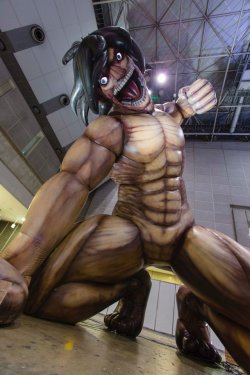 fuku-shuu: A look at the Shingeki no Kyojin displays at AnimeJapan 2017, such as the inflatable life-size Rogue Titan and cardboard stands featuring the full images of Erwin, Levi, Mikasa, and Eren’s Nanaco collaboration images (Previously seen here)!