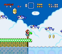 suppermariobroth:  In the North American and European versions of Super Mario World, Yoshi cannot eat the Dolphins. However, in the Japanese version and in all versions of the remake, Super Mario Advance 2, Yoshi can eat them.  