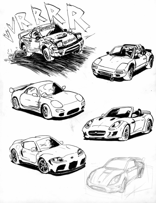 Cars&hellip; but cute?!I drew some of my favs! A Rally Celica, Miata, and RX7 FD, and then the new Supra and F Type Jag for my parents, and finally a 2000s Celica I didn’t have time to ink for my brother 😂This is my new calling&hellip; no normal