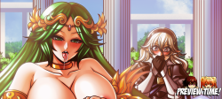 jadenkaiba:    How about I help you learn something about pleasing a Goddess~!“Commission for RangeUnlimited of DeviantartSequel to  &ldquo;Why Cordelia is not in Smash”Palutena teaches Tharja/Sallya’s how to please a Goddess…..Corrin/Kamui shocked