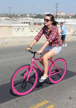 tea-bicycleandglasses:  velovixens:  Plaid shirt. Pink fixie. Rollin’ http://velovixens.tumblr.com   Sunny day pink fixie