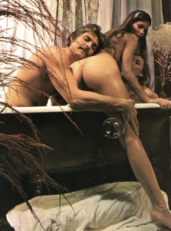 eroticaretro:  Successful softcore models of the 1970s, Christina Burke and Virgina Winter, get clean with a male companion in a pictorial for Club USA’s July 1975 issue.