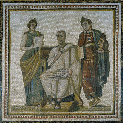 jeannepompadour: Virgil, holding a volume on which is written the Aenid. On either side stand the two muses Clio (history) and Melpomene (tragedy). The mosaic dates from the 3rd Century A.D. Roman Tunisia