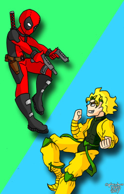 Deadpool from Marvel vs Dio Brando from Jojo’s Bizarre Adventure. Just something I drew after I learned that Deadpool and Dio have the same Japanese voice actor. I was actually thinking of writing this as a comic at some point. 