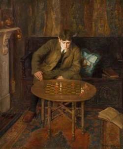 Beryl Fowler (British, 1881-1963), A Young Man Sitting on a Settle Leaning over a Chess Table, 1904. Oil on canvas, 75 x 61 cm.