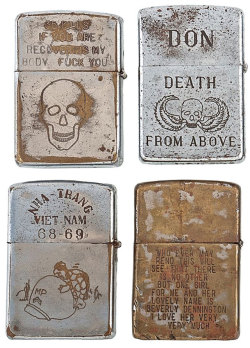 mattfractionblog:   Engraved Zippo lighters from the Vietnam War. From Cowan’s Auctions   THOE I WALK THROUGH THE VALLEY IN THE SHADOW OF DEATH I FEAR NO EVIL FOR I AM THE MEANIST MOTHER FUCKER IN THE VALLEY