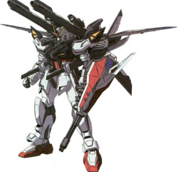 the-three-seconds-warning:  GAT-X105E+AQM/E-M1 Strike Gundam E IWSP  This variant of the Strike Gundam combines the primary characteristics of the Aile, Sword and Launcher Striker Packs, allowing the equipped suit to handle various situations with only