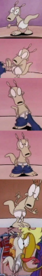 In the episode Seat to Stardom Rocko manages to somehow get himself hired as an underwear model called Wedgie Boy. He spends a good amount of the episode running around in his briefs. 