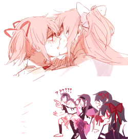 cryfarting:  theskyexists:  nekekur:  Madoka self-cest while all the Homuras cheer them on (or wail in sorrow, depending on your interpretation)… Thank you based Hanyae!  it looks kinds more like the Homura’s are ranged from shocked to blushing to