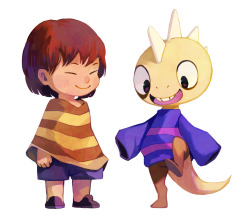 bluekomadori:  I really want to make a proper Undertale fanart but for now have Frisk and Monster Kid in swapped clothes 