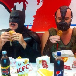 Wtf batman married or am I shocked he is at KFC with Bane???!!?!? #batman #bane #kfc #comicbooknerd