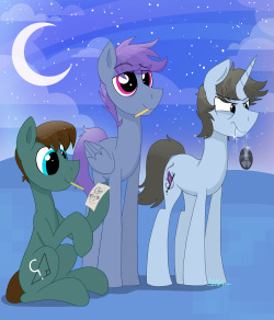 mymineawesome:  My part part of art trade with the awesome Echorelic!  ponies from left to right, Timid (link), Drip (link), and Wild  Oh damn this is just TOO friggin cute! I absolutely love it in every way! Especially how I look like I&rsquo;m in