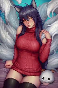 mircosciamart:    Ahri - LoL (2v)     Ahri from LoL, chosen by you in the previous poll on Deviantart.  There will be also a nsfw version available for people who joined Patreon before the 1st of January.Sweater hype!     &lt;3
