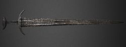 art-of-swords:  Medieval Sword Made in the 10th - 11th century style Dated: 19th century Measurements: overall length 94cm; blade length 80.5cm; handle length 9cm; quillon 19cm; blade width 6.8cm The tang is bare with no grip and has a guard which curves