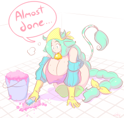theycallhimcake:  I drew a Claire for Manny while we were in a call. He wanted her to clean, so clean she did. Best, floofy moo ever. 