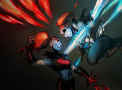grrinday:  Underfell AU.  Underfell Undyne Vs. Undertale Undyne“You don’t deserve to be a hero!!“&ldquo;I never was.”  