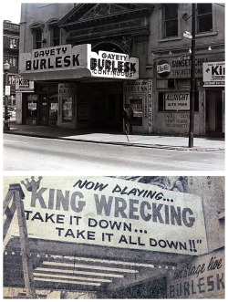 A vintage photo (top) from May 1970 shows the facade of the ‘GAYETY Theatre’ at 816 Vine Street, in Cincinnati, Ohio.. The venue began running Burlesque shows in 1922, when regular patrons sometimes referred to it, as the: &ldquo;Vine Street Opera&rdquo;.