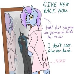 partway-mist:  Partway Mist: Fine, wear her yourself. But she’s hoof wash only. ((You know when you get an idea that you just have to draw? This is one of them. Featuring Fluffle Puff, but I don’t think I need to promote this blog: if you’re here