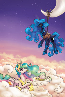timeisoatmeal:  Tea-TimeThe fact that her sister was banished to the moon was no reason for  Princess Celestia to give up the little tea parties the two of them often  enjoyed together. Nightmare Moon was, of course, not allowed to have a  cup, since