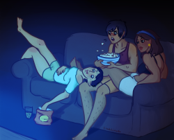 linklings:  Poly triad babes movie night :&gt;Hawke is far too invested in the movie but Isabela and Merrill are just here for the food and cuddles  