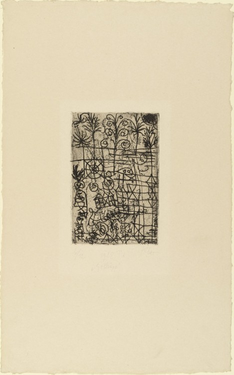 artist-klee:  Underbrush (Gestrüpp), Paul Klee, 1928, MoMA: Drawings and PrintsPurchaseSize: plate: 5 ¾ x 3 13/16&quot; (14.6 x 9.7 cm); sheet (irreg.): 16 1/8 x 10 1/16&quot; (41 x 25.5 cm)Medium: Etchinghttp://www.moma.org/collection/works/62549