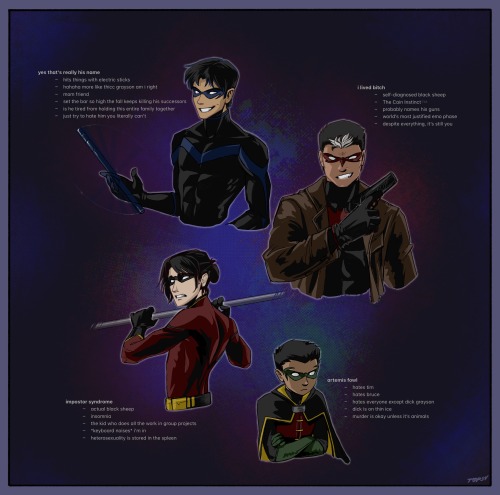 mumblesplash:  mumblesplash:  it’s fricken batsor: nightwing, red hood, red robin, and robin + the comprehensive character profiles i’ve compiled for them based exclusively on the vibes i’ve gotten from fan content    HELL YEAH