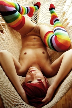 boyish-straight-girls:  dyed red hair + nipple piercings + small pussy with a landing strip + rainbow thigh high socks waiting to wrap around you while you pump away = perfection