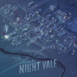 fallintolight:  pyromancing:   A friendly desert community where the sun is hot, the moon is beautiful, and mysterious lights pass overhead while we all pretend to sleep. Welcome to Night Vale.  (Art school illustration assignment that is about 99% done!