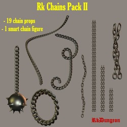 Kawecki is on the dungeon train with some brand new props! 19 Chain props and 1 Smart Chain Figure! Ready for use with Poser 6  and Daz Studio 4.8 with texture adjustments. Check the link for the nitty gritty!Chain Pack IIhttp://renderoti.ca/Chain-Pack-II