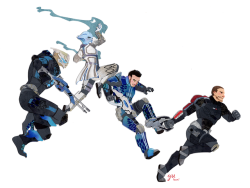 yutaan:Papercraft commission of Garrus, Liara, Kaidan and Shepard from Mass Effect! I got to go all-out on their armor and weapons - soooo many tiny pieces! - which was challenging but very satisfying. *laser gun noises* 