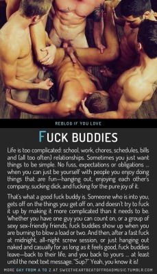 sweetheartbeatoffroadmusic:  FUCK BUDDIES. Find your thing: Gay From A to Z, view the full indexÂ alphabetically or by category, or check out my blog. Image source here.  I don&rsquo;t think this would last. It can for sure start out this way, and it