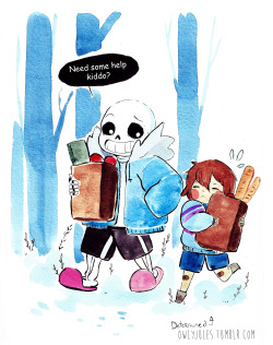 owlyjules:  Some cute doodle with sans today!!In te last one I wanted to have the groceries floating with sans power but stuff happened.;u;Tiny Frisk is my favourite frisk!