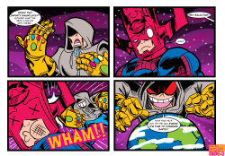 This was commissioned by someone on deviantART called RojoDragon, and he wanted me to make a comic about his original character punching out Galactus while wearing two infinity gauntlets, and then proceeding to start his new plan for world domination.