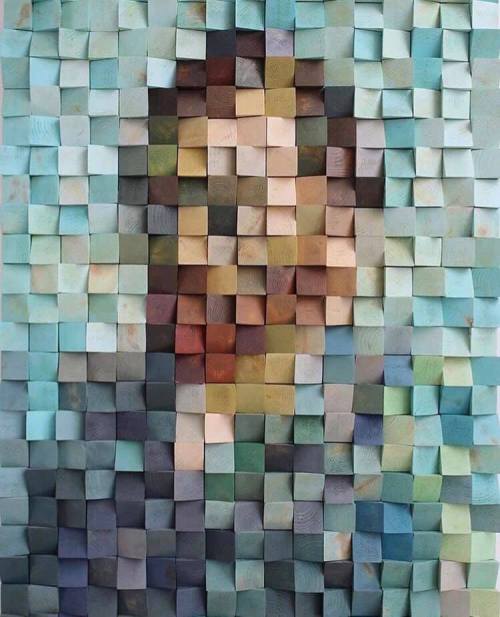 blondebrainpower:Timur Zagirov  -  Rendition of van Gogh’s Self PortraitUsing a myriad of colored wooden blocks. 425 polished pine cubes, to be precise.Viewed from a distance, the mosaic has an uncanny resemblance to the Dutch painter’s work.Up