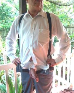 hrybeyr-blog:  michaelspanksfan:  destinfriends:  …..and you said suspenders were out of style….what a gorgeous cock..mmmm  It’s not style, it’s how your pants are hanging when your dick gets hard and it needs lots of room in your pants.   Damn.