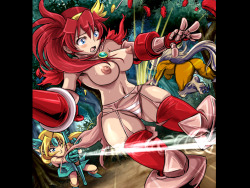 Busty female hentai amazon with big tits in a fight barely escaping getting hit by an archerâ€™s arrow while a cat girl tries to flank the archer.