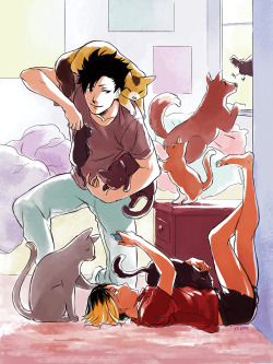 vythefirst:  Last minute KuroKen small print! My friend marzichan aptly described them as “dripping with cats” - that’s exactly how I feel about this picture haha. I really just wanted to draw a scene of Kuroo and Kenma being cozy with all of