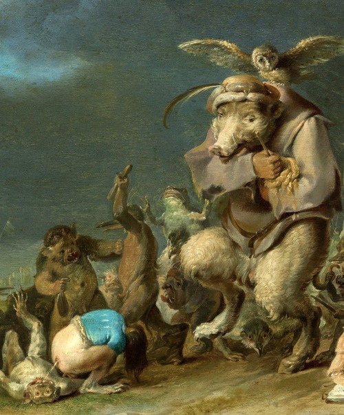 Detail of demons in orgiastic feast -  another of the grotesque hallucinations of the anchorite Anthony of Egypt, aka Antṓnios the Great, aka Saint Anthony Abbot. Cornelis Saftleven- Dutch painter and master of Flemish art,1629https://painted-face.com/
