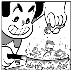 FUSION CUISINE! Lamar sez:  NO! STEVEN fused with an evil hungry monster gem! he shrunk the gems somehow and now he’s gong to EAT THEM!!! don’t miss FUSION CUISINE!!! the next thrilling episode of STEVEN UNIVERSE! boarded by HELLEN JO and LAMAR ABRAMS!
