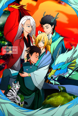 homra-kid:  Here’s the full piece from @yoisoulmatezine that I participated in months ago :)  I really wanted to draw the Four Gods somehow as soulmates and incorporate the concept of rebirth so I centered the illustration around Yurio mostly because