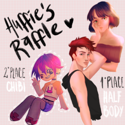 huffiestrikes:  Hello guys! I’m doing a raffle over here and over my Facebook page! 1st place wins a half body request! 2nd place wins a chibi request! To participate you must be following me and reblog this post! That’s all! You can participate in
