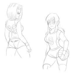 As requested (by quite a few people, in fact) Chichi and 18 as volleyball players. I was thinking of going with the standard bikini bottom and sports bra look. But I really like this other kind of uniform.I wanted to draw more more Olympic themed DB piece